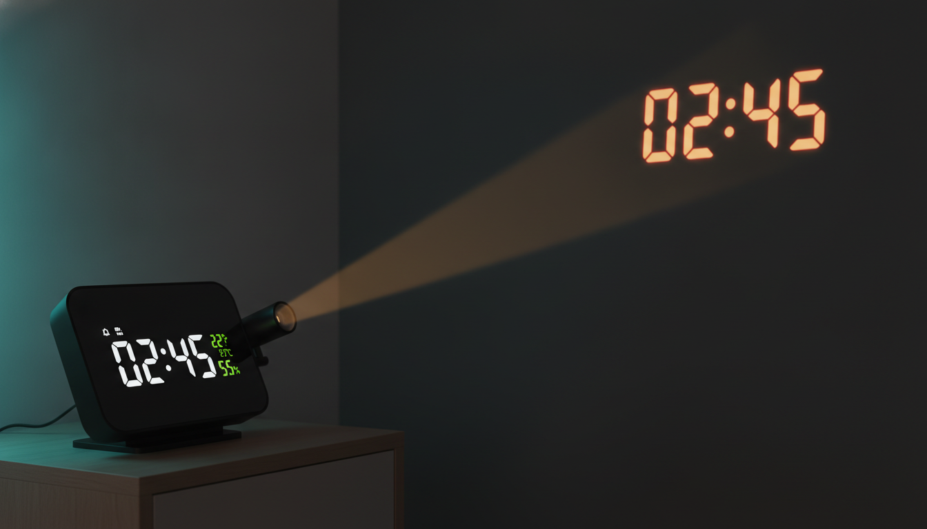 LumiClock proyectando la hora sobre la pared de un dormitorio