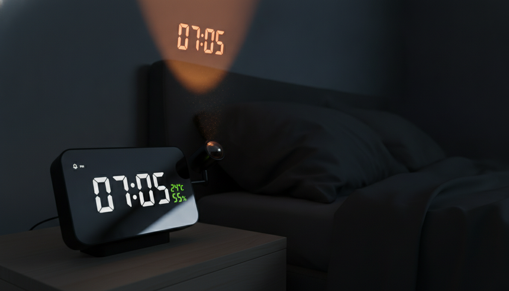 LumiClock en la mesa de noche junto a la cama