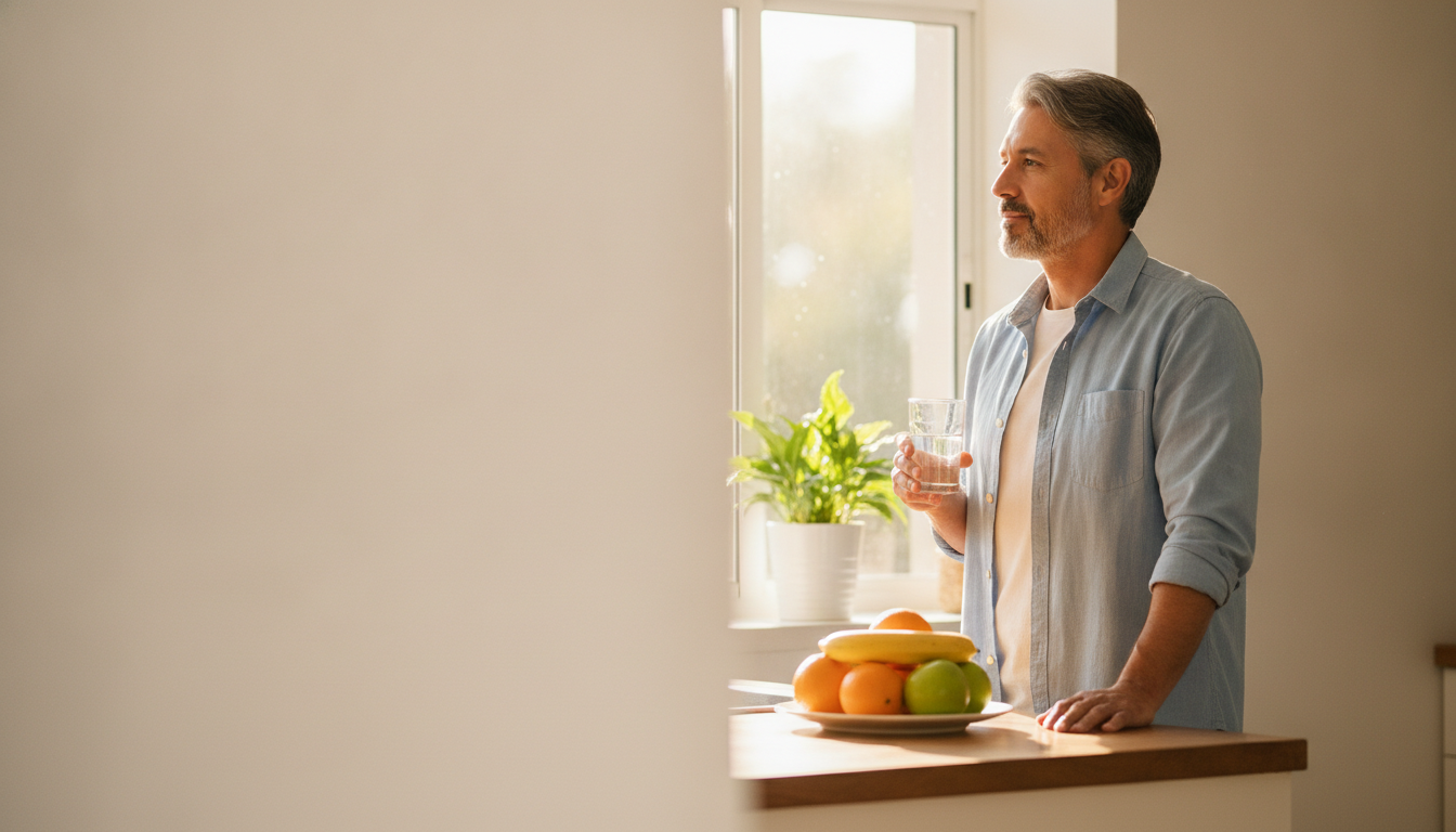 Hombre descansado por la manana en su cocina