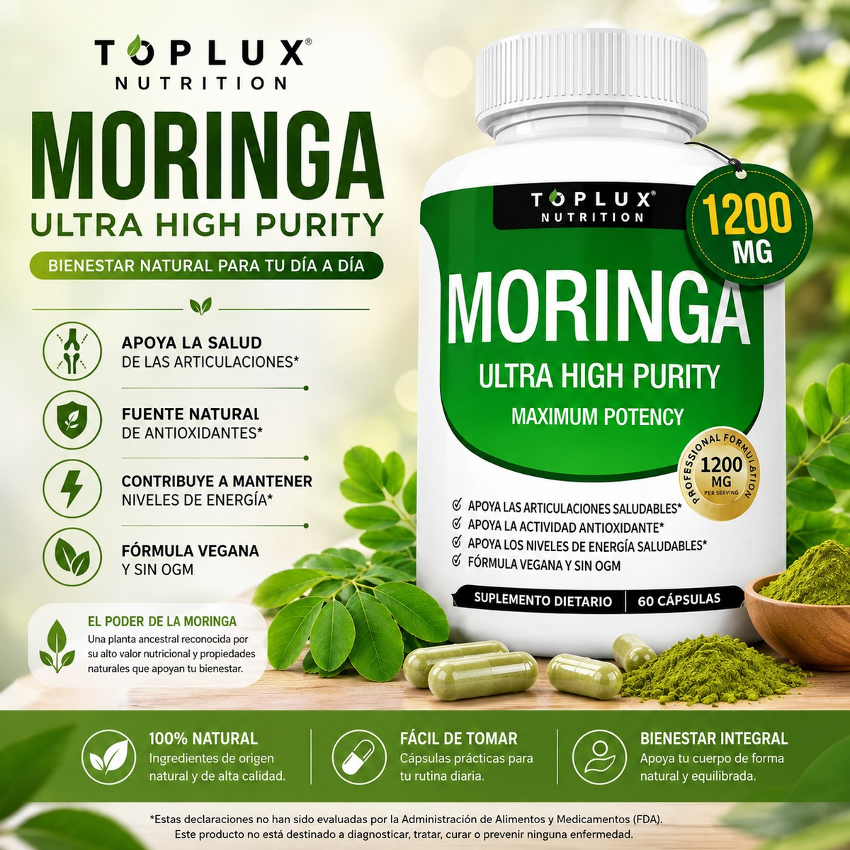 Moringa Toplux: apoya articulaciones, antioxidantes, energia y formula vegana