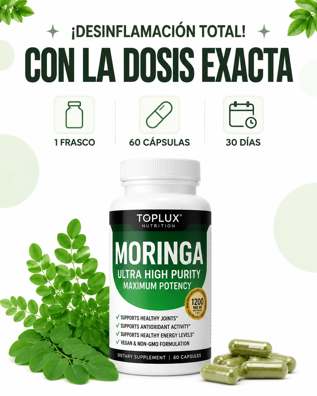 Un frasco, 60 capsulas, 30 dias de tratamiento