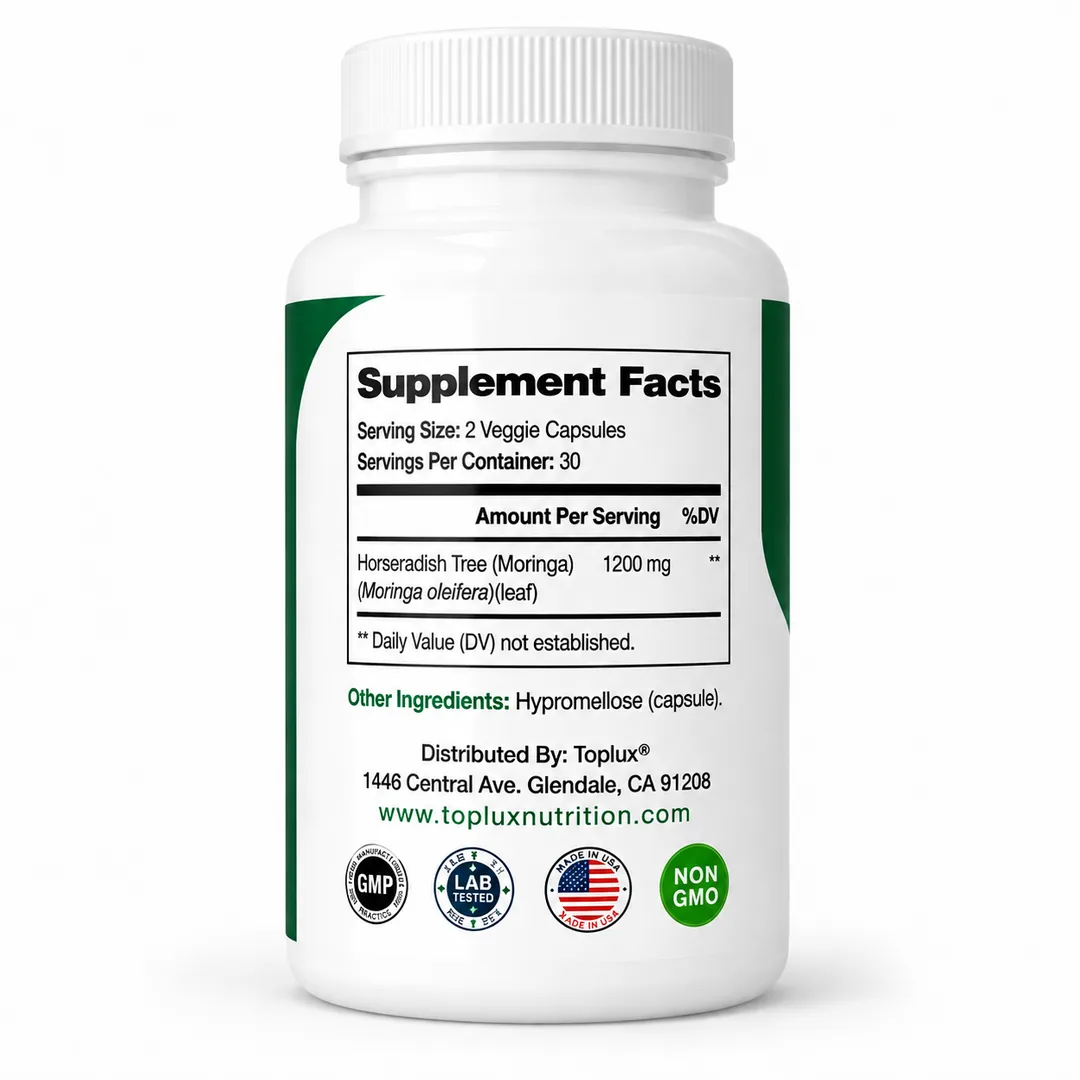 Tabla nutricional: 2 cápsulas por porción, 30 porciones, 1200 mg de moringa