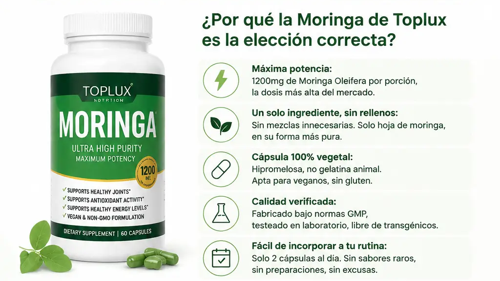 Cinco razones: maxima potencia, un solo ingrediente, capsula vegetal, calidad verificada y facil de tomar