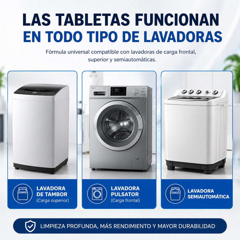 Funciona en lavadoras de carga frontal, superior y semiautomáticas