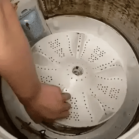 Dos pastillas en la lavadora: el agua se vuelve café y la sacan con un tazón