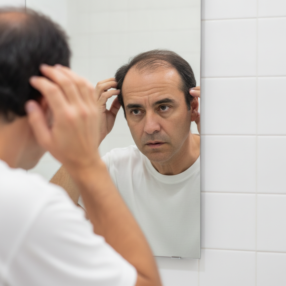 Hombre revisándose la entrada del cabello en el espejo