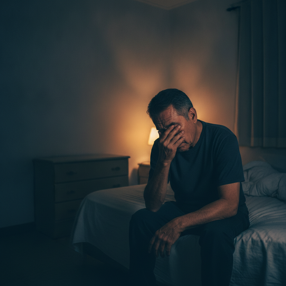 Hombre levantándose de madrugada, cansado