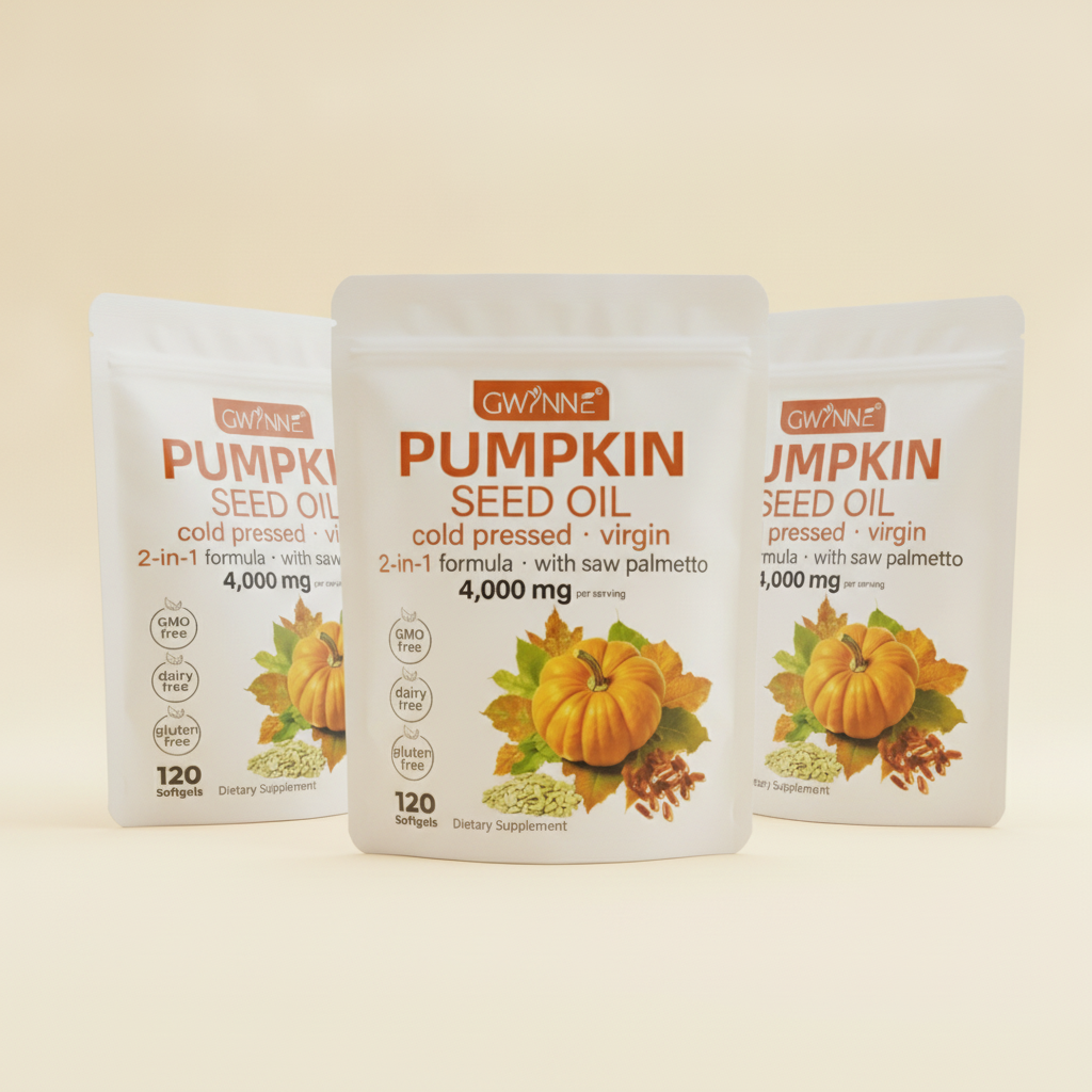 Tres bolsas de GWYNNE Pumpkin Seed Oil con saw palmetto