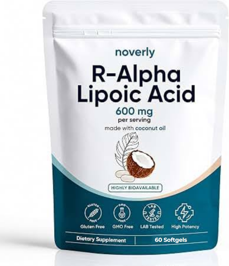 Bolsa de R-Alpha Lipoic Acid 600 mg con aceite de coco, 60 softgels
