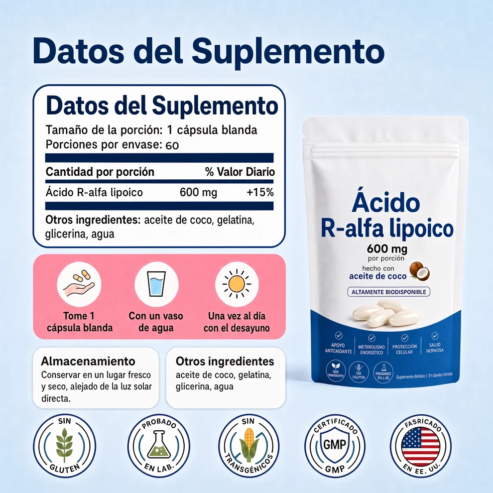 Datos del suplemento: 1 c&aacute;psula blanda al d&iacute;a, 60 porciones por envase