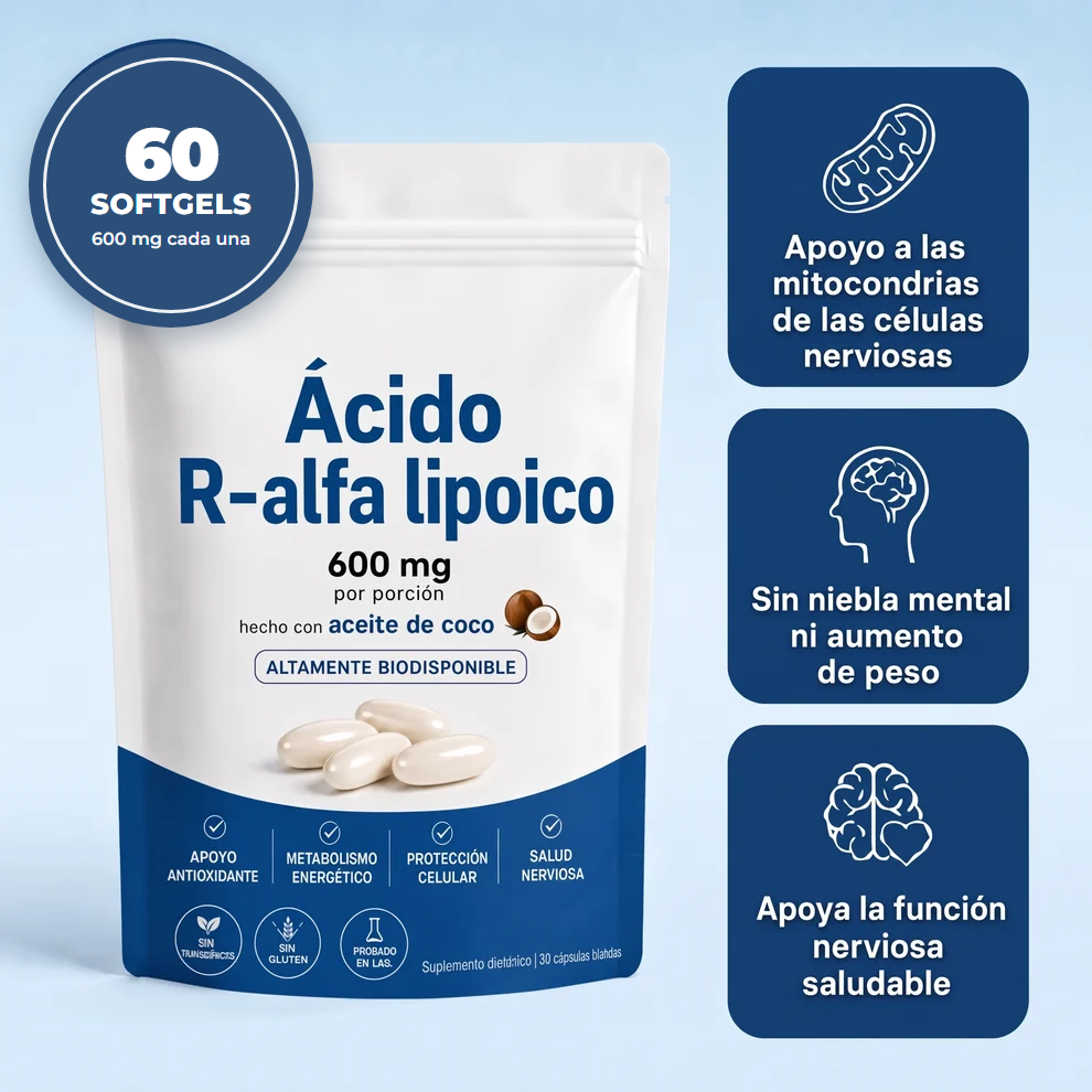 Ácido R-alfa lipoico 600 mg: 60 softgels, apoyo antioxidante y energía celular
