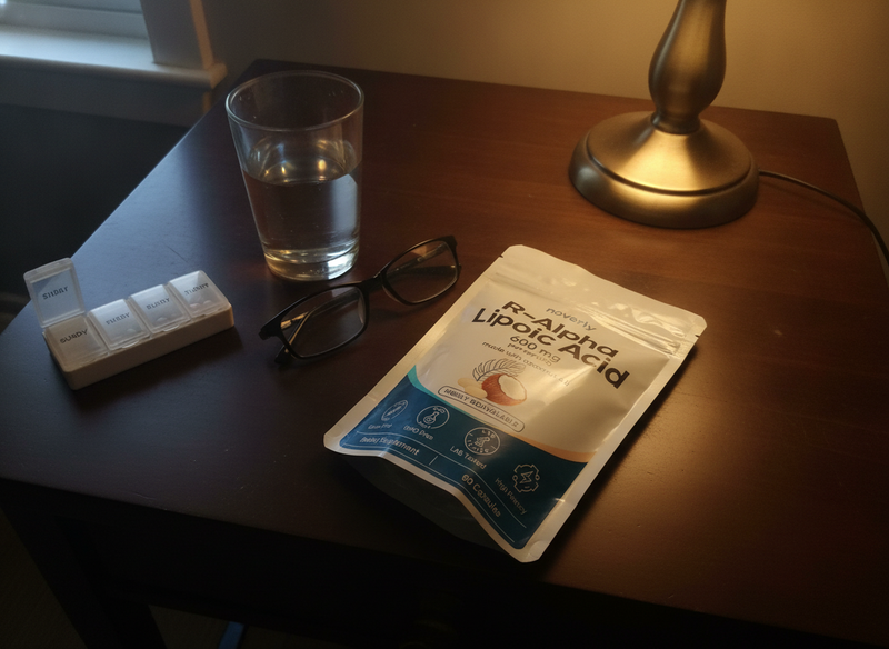 La bolsa en la mesa de noche junto al pastillero semanal y los lentes
