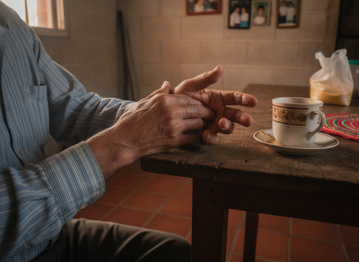 Manos de un hombre mayor apoyadas en la mesa de la cocina por la ma&ntilde;ana
