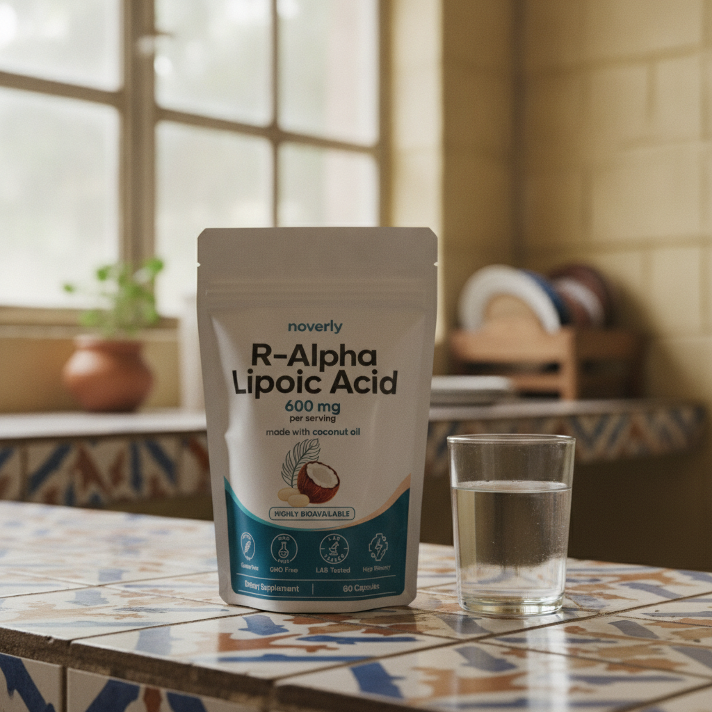 La bolsa del suplemento sobre la encimera de la cocina junto a un vaso de agua
