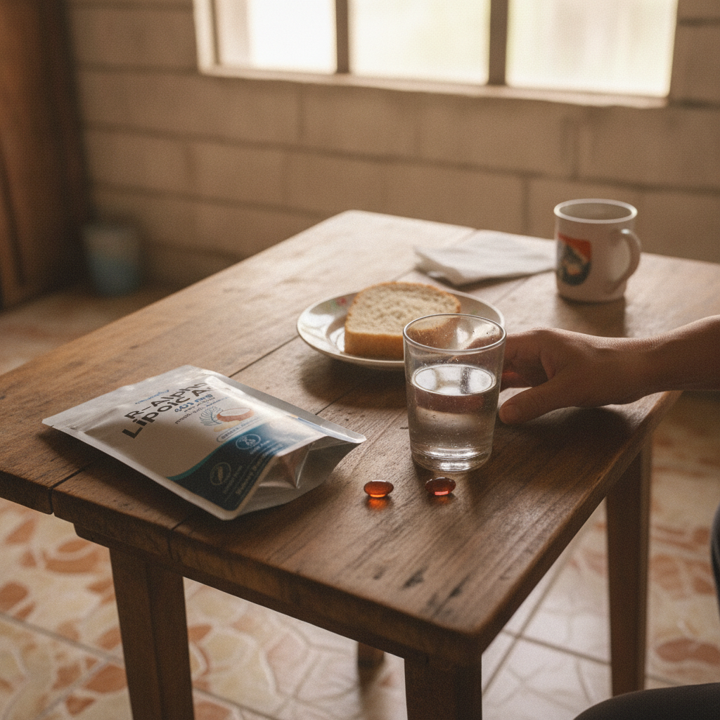 La bolsa junto a un vaso de agua y una c&aacute;psula en la mesa del desayuno