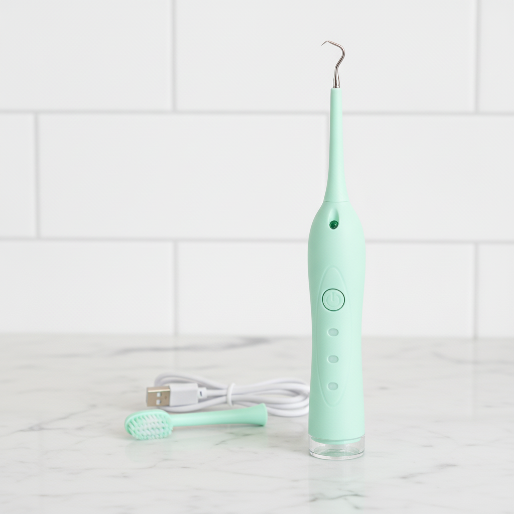 Removedor eléctrico dental con su cabezal de cepillo y cable USB