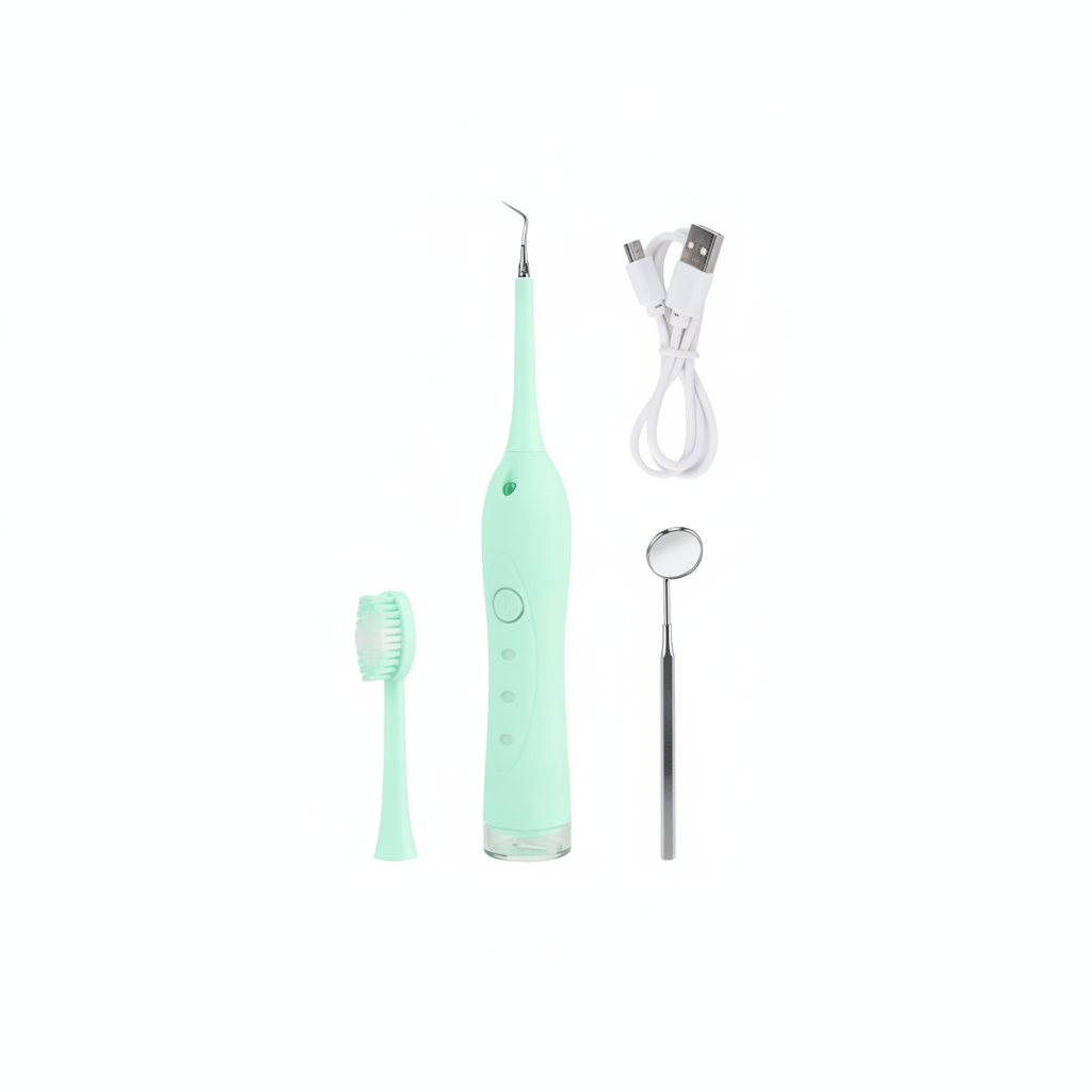 Kit completo: aparato, cabezal de cepillo, cable USB y espejo dental