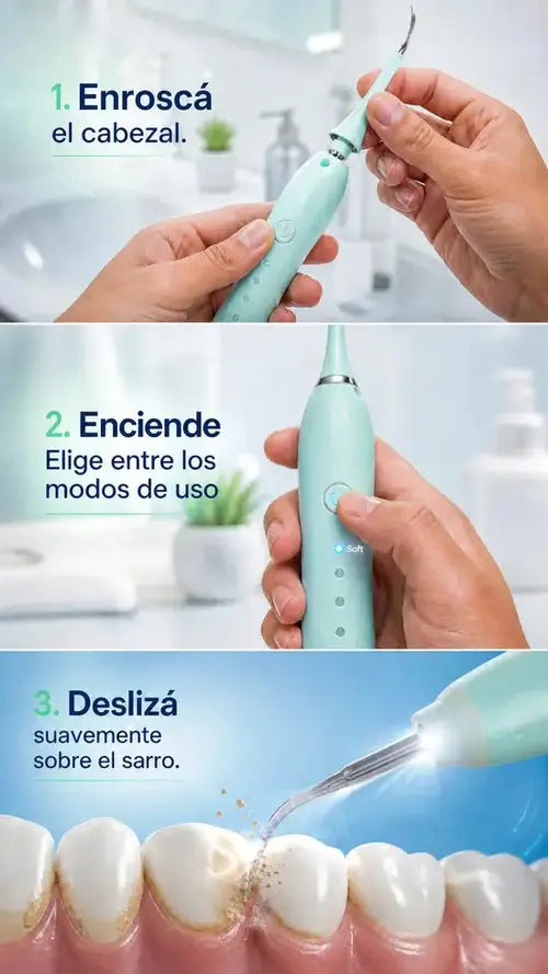 Tres pasos: enroscá el cabezal, encendé y elegí el modo, deslizá sobre el sarro