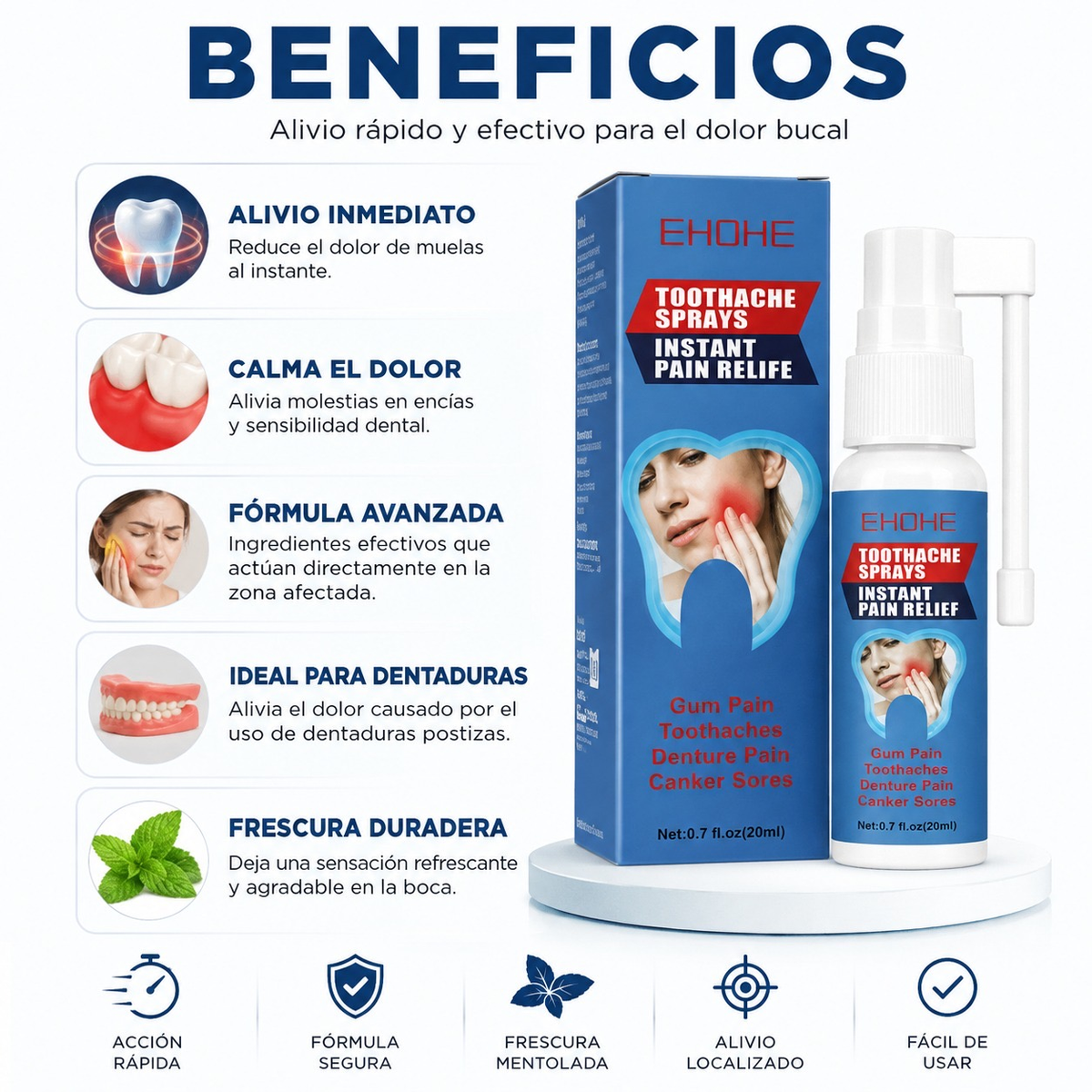 Beneficios: alivio inmediato, calma el dolor, fórmula avanzada, ideal para dentaduras