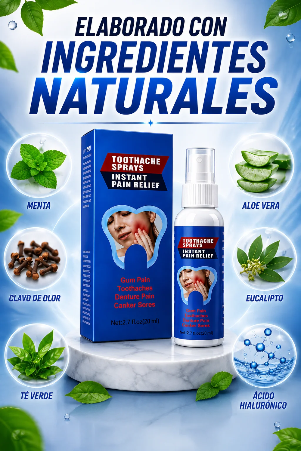 L&aacute;mina del fabricante con los ingredientes naturales del spray dental