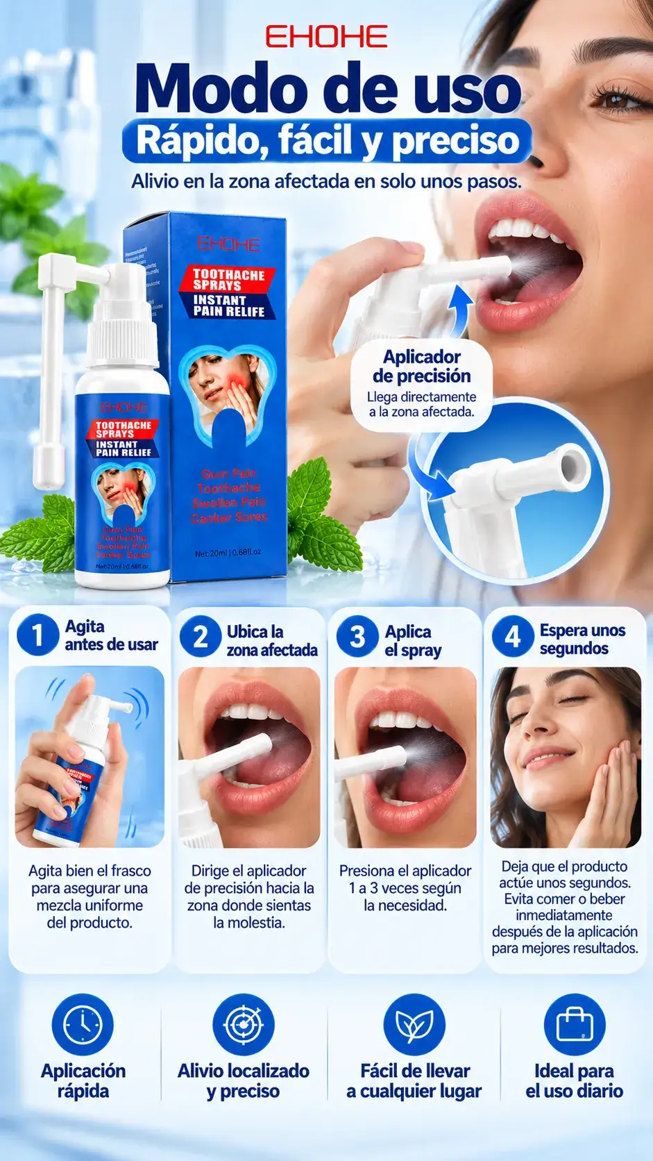 Gu&iacute;a del fabricante con el modo de uso del spray dental paso a paso