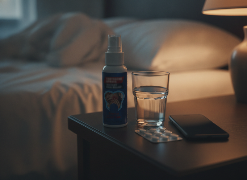 El frasco en la mesa de noche junto a un vaso de agua