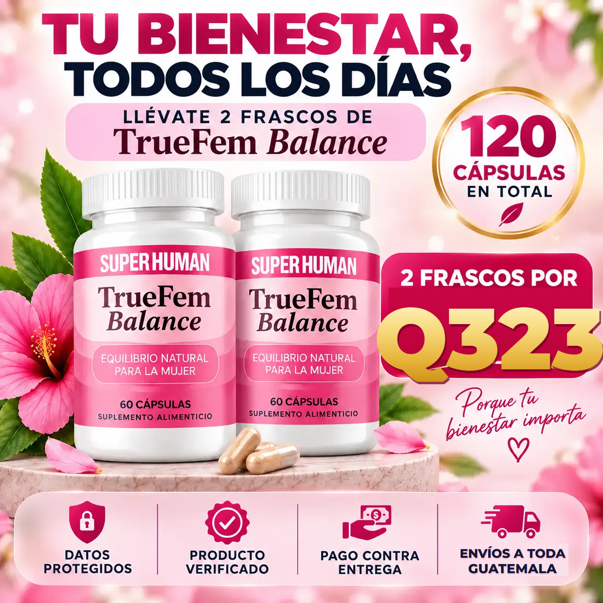 Llévate 2 frascos de True Fem Balance, 120 cápsulas en total