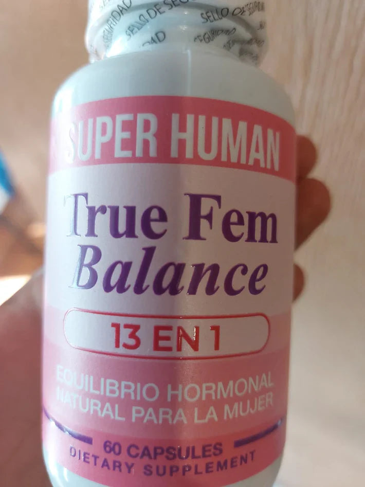 Etiqueta de True Fem Balance vista de cerca