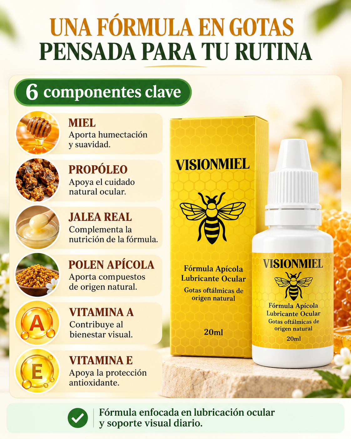 Los seis componentes: miel, propóleo, jalea real, polen, vitamina A y E